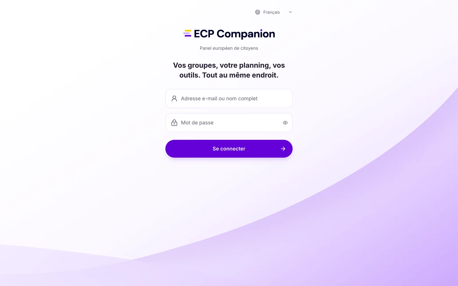 Écran de connexion d’ECP Companion : logo, sous-titre « Panel européen de citoyens », champs identifiant et mot de passe, sélecteur de langue.