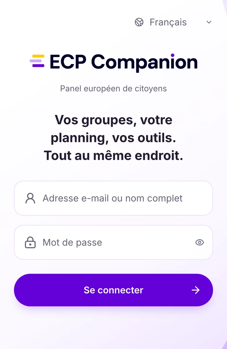 Écran de connexion d’ECP Companion sur téléphone.
