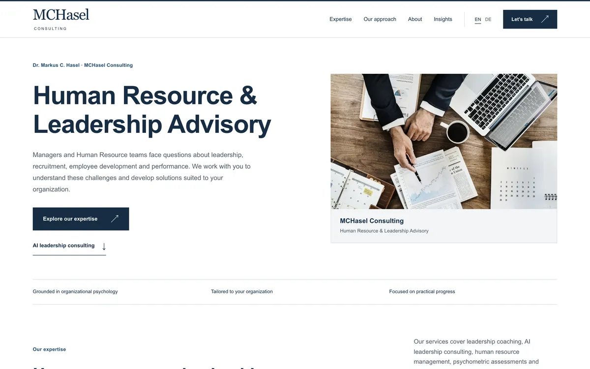 New MCHasel Consulting website: Human Resource & Leadership Advisory headline, call-to-action button and advisory photo.