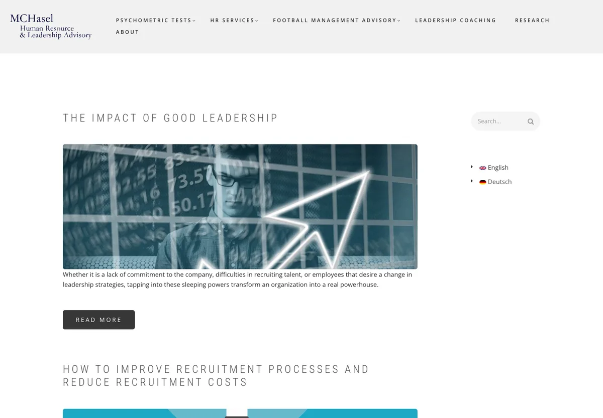 Former MCHasel Consulting website, archived in January 2025: a dense menu in spaced capitals and a home page laid out as a list of articles.